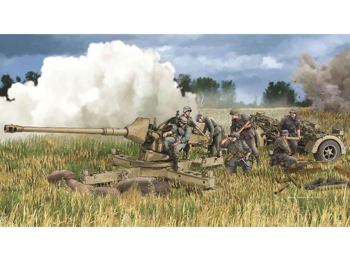 WWII German 88mm Anti-Tank Gun Pak 43/3 L/71 w/ Simple Gun Mount, Aluminum Barrel, 3D Printed Muzzle Brake, Metal Shells, & 4 Artillery Figures -- Luxurious Edition