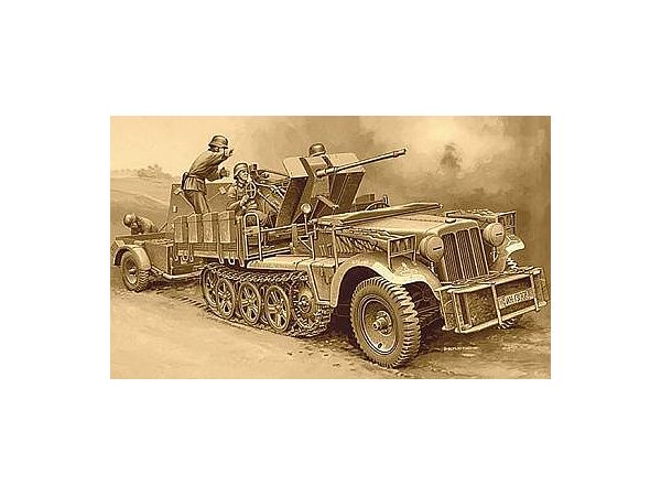 WWII German Sd.Kfz.10/4 1-ton half-truck with 2cm FlaK30 anti-aircraft gun and ammunition trailer, 4 figures included